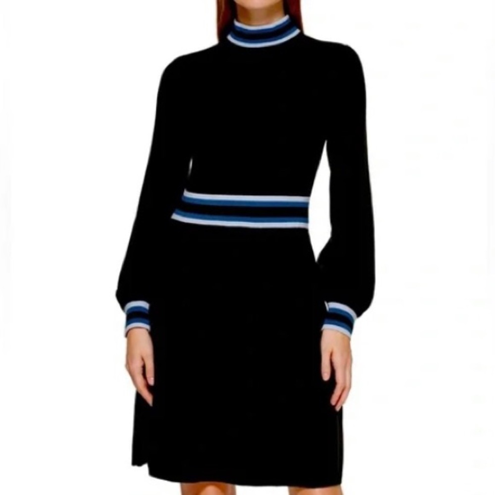 Vince Camuto Black and Blue Fit and Flare Striped Mock Neck Long Sleeve Dress